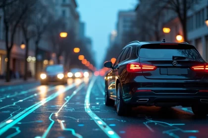 Veículo preto em uma rua urbana com tela digital mostrando localização em tempo real por satélite