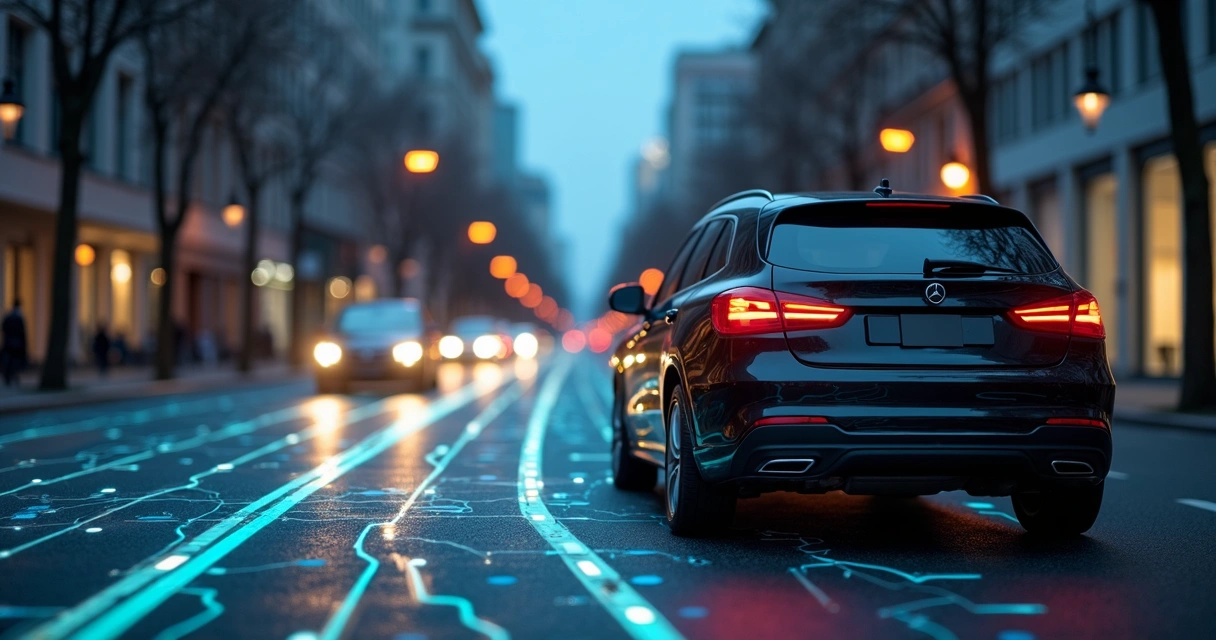 Veículo preto em uma rua urbana com tela digital mostrando localização em tempo real por satélite