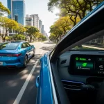 Carro moderno dirigindo em Goiânia com indicadores de economia de combustível
