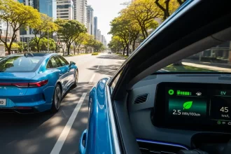 Carro moderno dirigindo em Goiânia com indicadores de economia de combustível