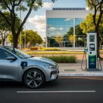 Carro elétrico moderno estacionado em rua urbana de Goiânia, representando mobilidade sustentável