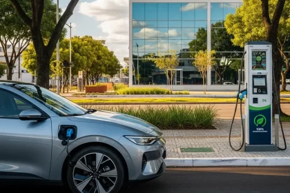 Carro elétrico moderno estacionado em rua urbana de Goiânia, representando mobilidade sustentável