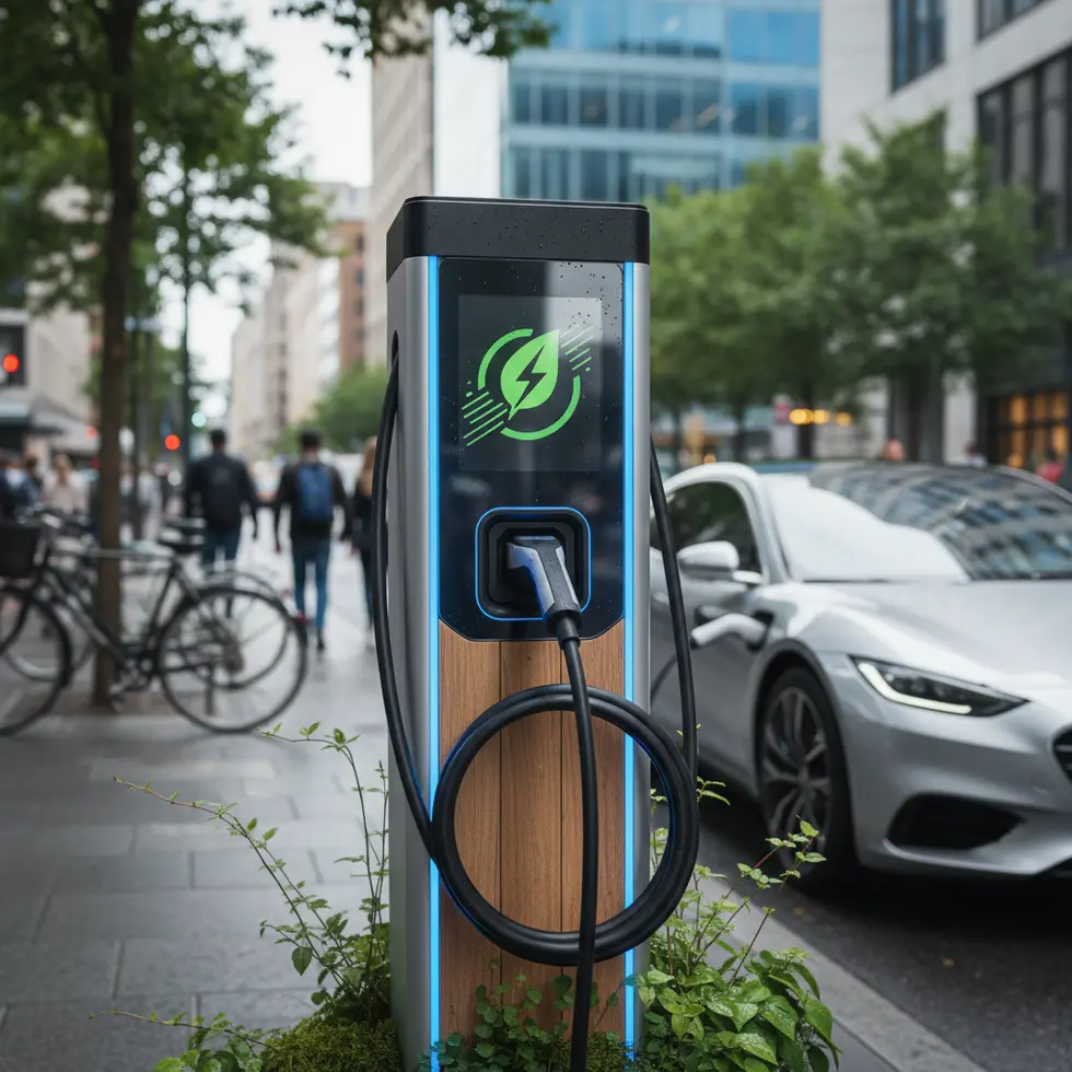 Estação de recarga para carro elétrico em ambiente urbano, foco em tecnologia verde