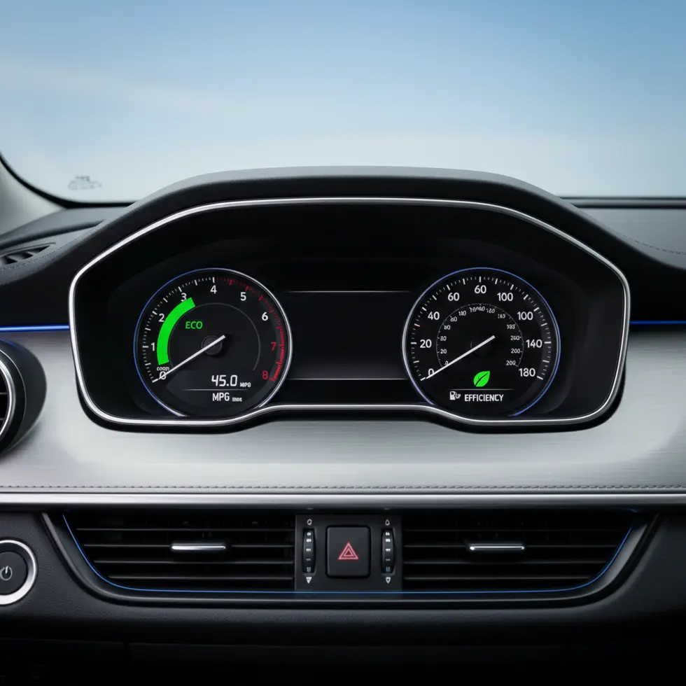 Painel de carro mostrando medidor de consumo de combustível