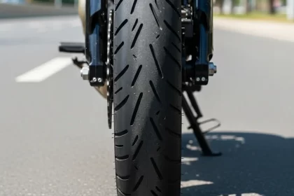 Pneu de moto com sulcos visíveis em estrada urbana para economia e segurança