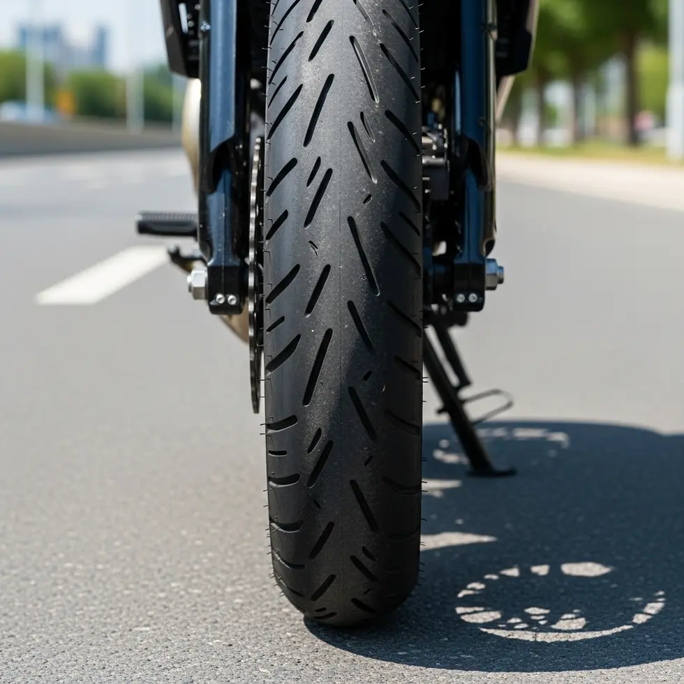 Pneu de moto com sulcos visíveis em estrada urbana para economia e segurança